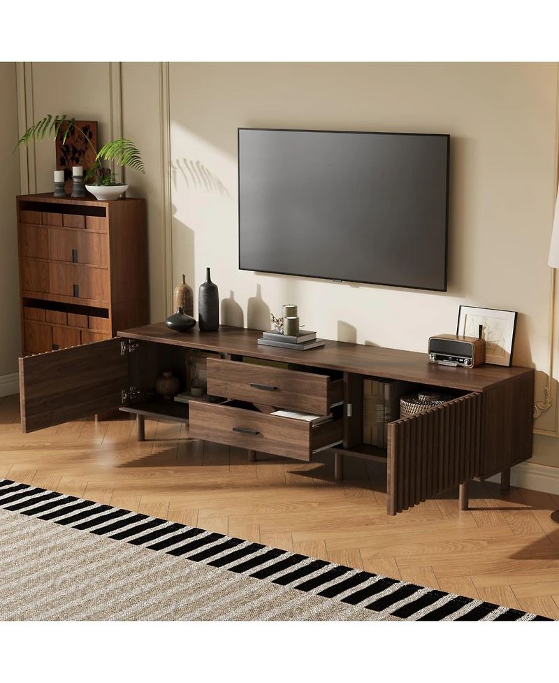 Rainsken 70 inch Modern Tv Stand, for TVs up to 80inch, with Ample Storage and Solid-Wood Legs, Media Entertainment Center, for Living Room