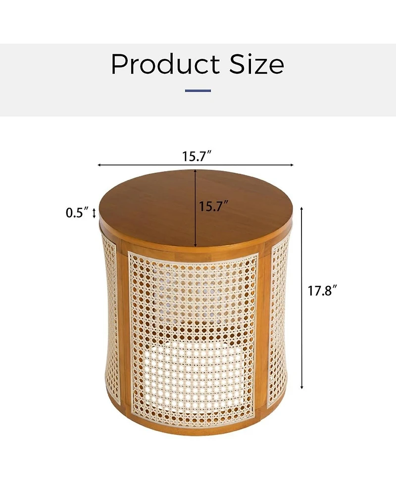 Rainsken Round Solid Wood Nightstand, Hollow Woven Bedside Table, Compact Accent End Table for Living Room, Bedroom