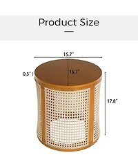 Rainsken Round Solid Wood Nightstand, Hollow Woven Bedside Table, Compact Accent End Table for Living Room, Bedroom