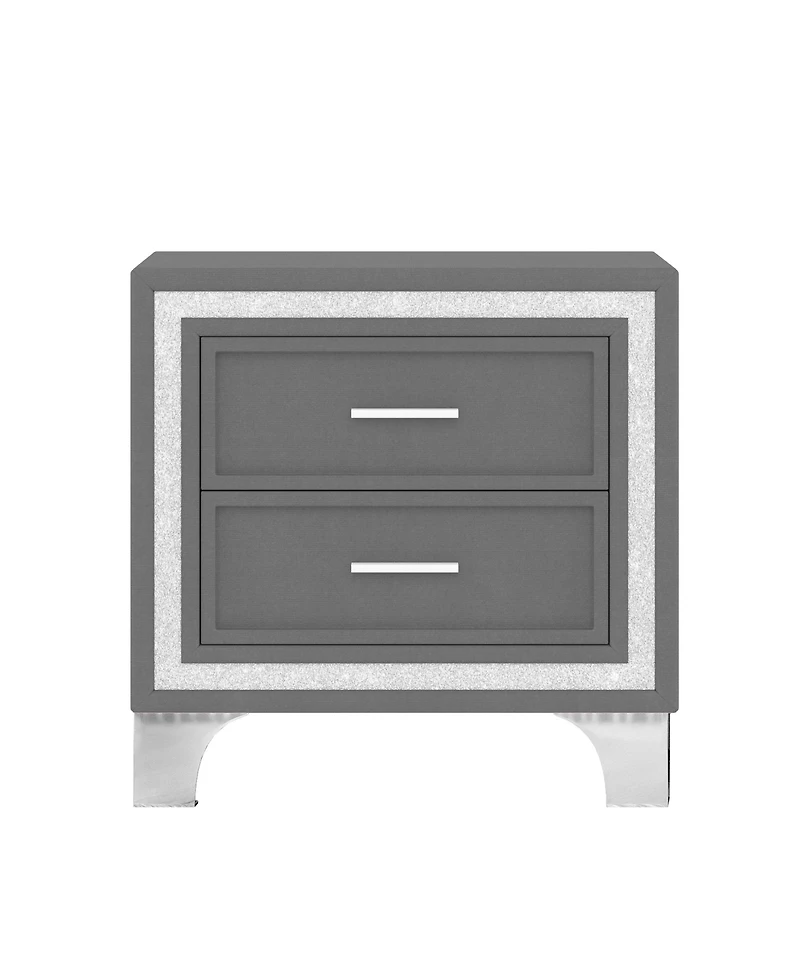 Rainsken 2 Drawers Nightstand with Silver Glitter Strip Decor and Metal Legs, Velvet Bedside Table End Table for Bedroom, Living Room