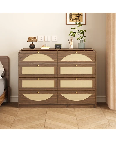 Rainsken 8 Drawer Double Dresser, Rattan Wide Particle Board Chest, Space Saving Storage Organizer