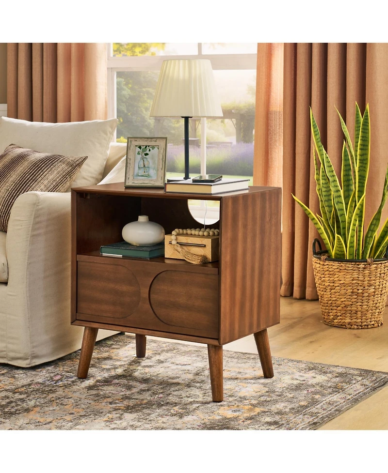 Rainsken Modern Fluted Nightstand, with Charging Station Usb Ports and Outlet Hole, 4 Solid Wood Legs, for Bedroom Living Room