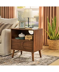Rainsken Modern Fluted Nightstand, with Charging Station Usb Ports and Outlet Hole, 4 Solid Wood Legs, for Bedroom Living Room