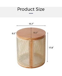 Rainsken Round Solid Wood Nightstand, Hollow Woven Bedside Table, Compact Accent End Table