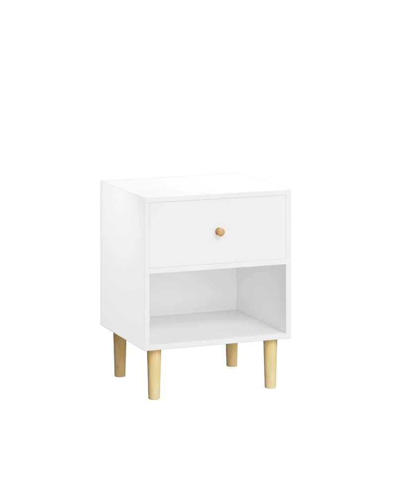 Rainsken Nightstand, Minimalist Wooden Bedside Table with Drawer and Open Shelf for Kids Room, Nursery