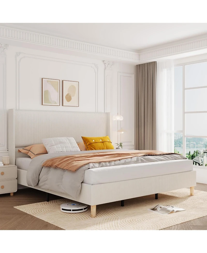 gaomon Corduroy Upholstered Wingback Bed Frame - Solid Wood Slats, No Box Spring Needed