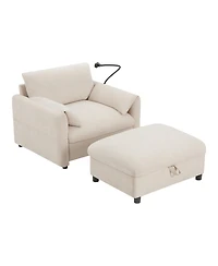 Rainsken 37" Single Sofa with Storage Ottoman, Chenille Armchair - Adjustable Phone Holder, Dual-Port Charger and Side Pockets for Living Room
