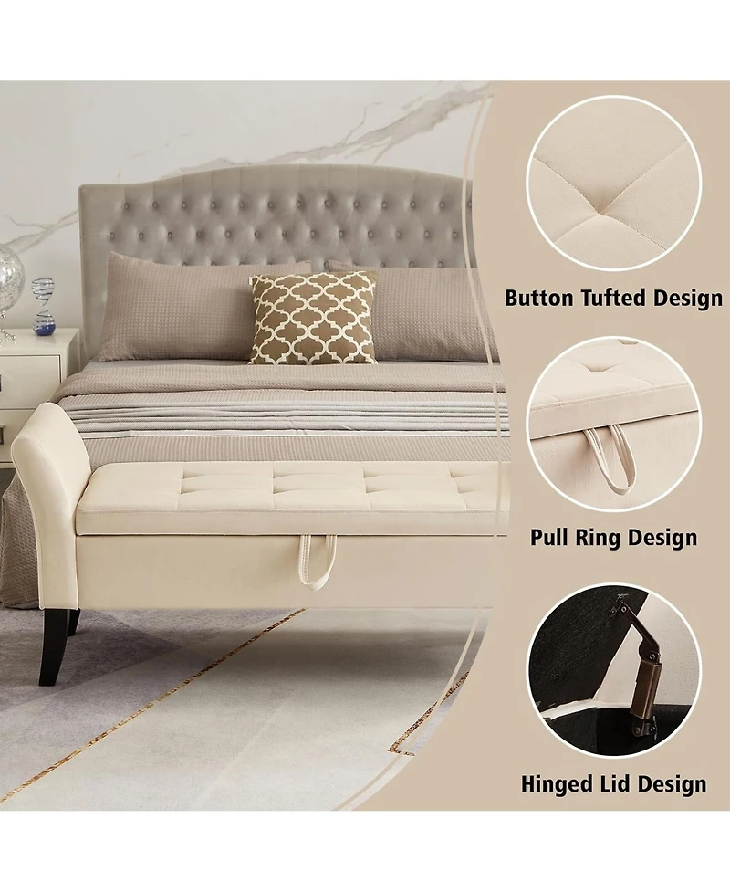 Rainsken 51.5 Inch Storage Ottoman Bench, Velvet Upholstered End of Bed Bench
