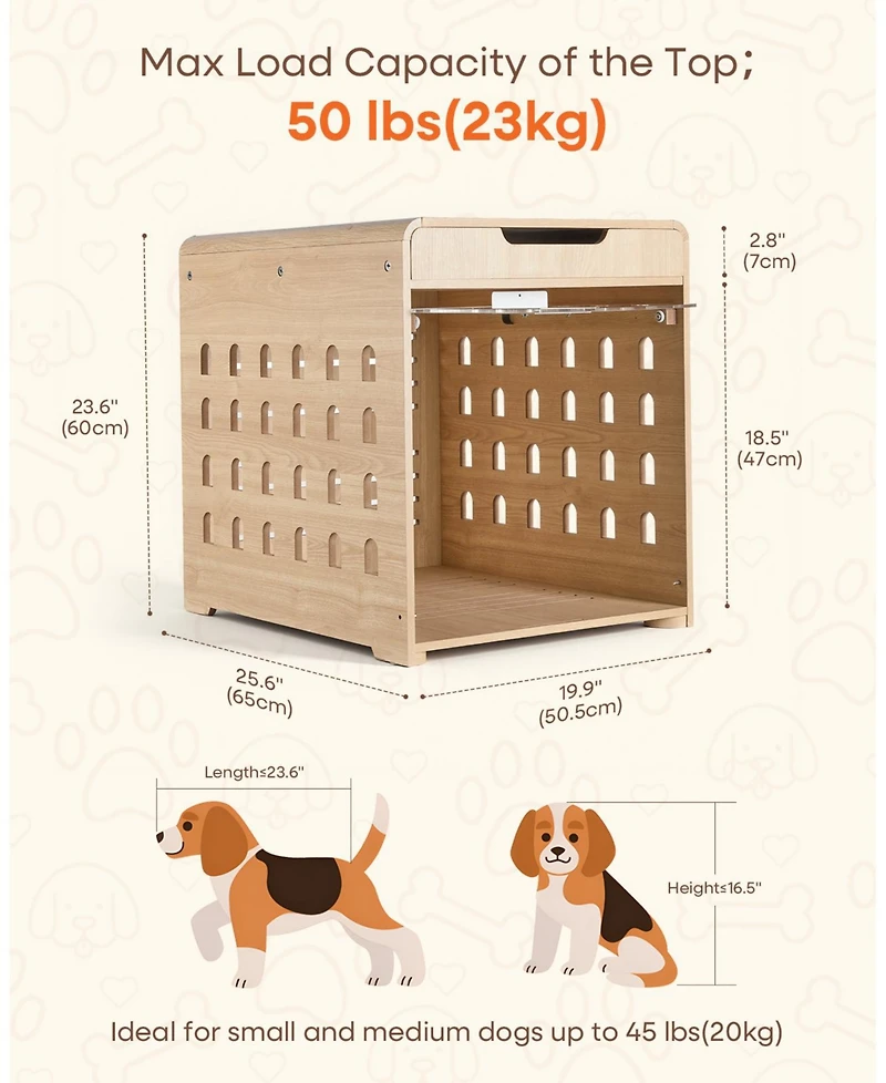Sugift 26-Inch Width Modern Oak Dog Crate Furniture with Charging Station, Large Kennel Indoor Wood Pet End Side Table Cage