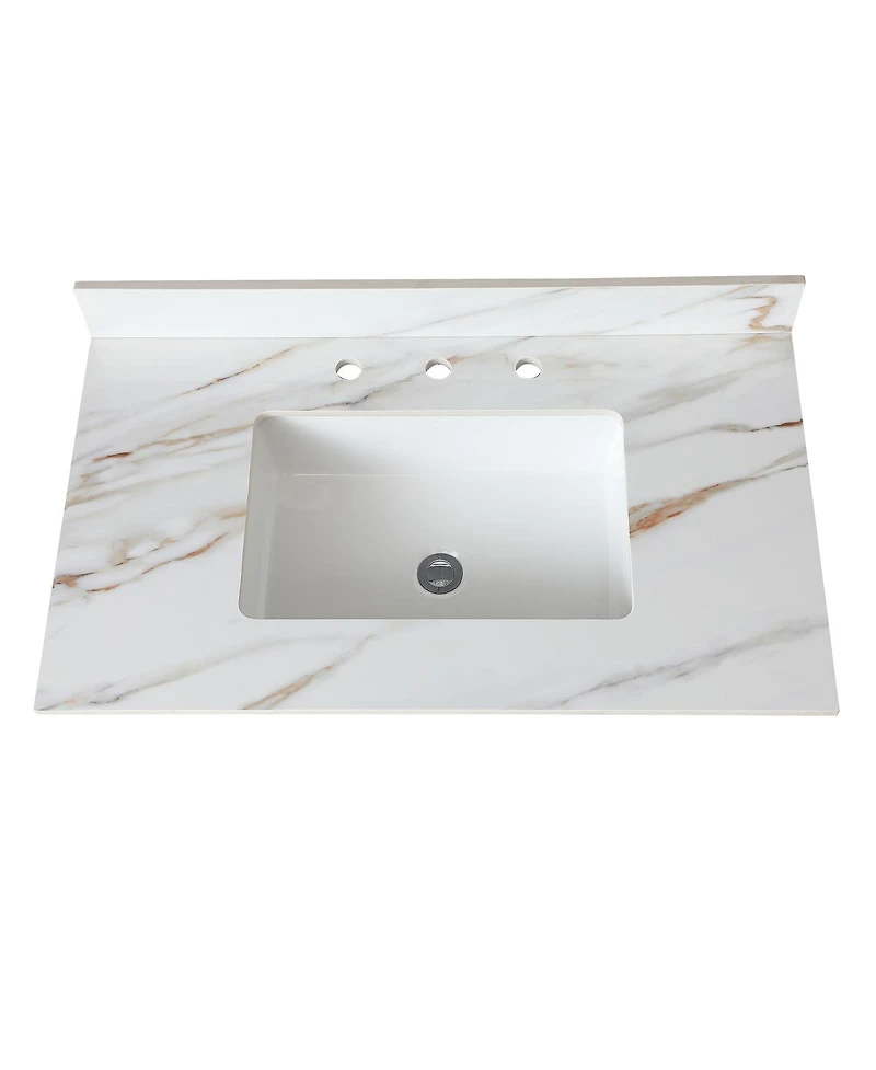 Sillysis Sintered Stone Bathroom Vanity Top with Rectangular Sink, Carrara Marble Look, Water and Stain Resistant, 4" Backsplash