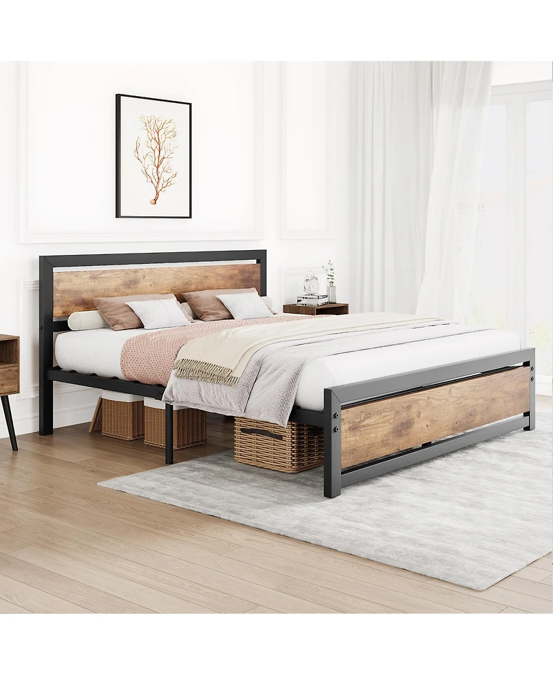 homfan Industrial Platform Bed Frame with Wooden Headboard and Footboard, 13.8 Inch Underbed Space