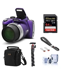 Minolta MN53Z 16MP Fhd Digital Camera with 53x Optical Zoom, Wi-Fi, Purple Bundle with Shoulder Bag, 64GB Sd Card, Wrist Strap, Octopus Tripod,