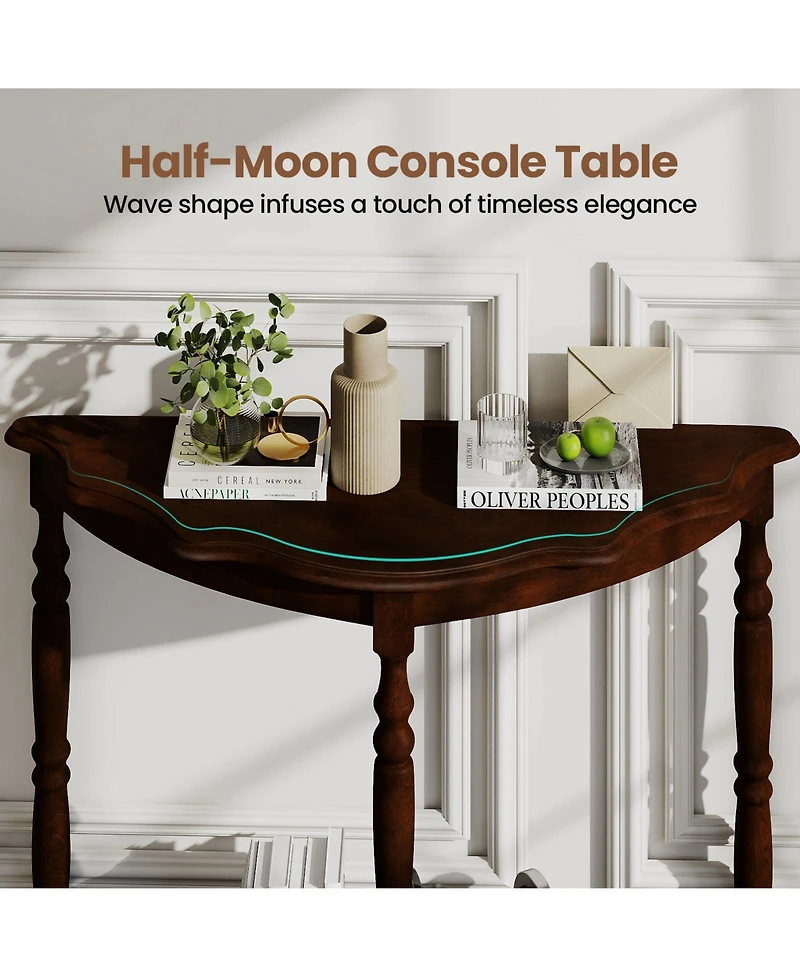 Slickblue Rubber Wood Half Moon Console Table with Storage Shelf