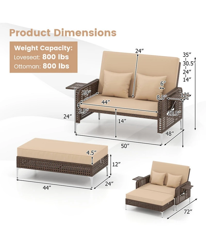 Gouun 2-Piece Rattan Daybed Set with 4-Level Adjustable Backrest and Storage Ottoman