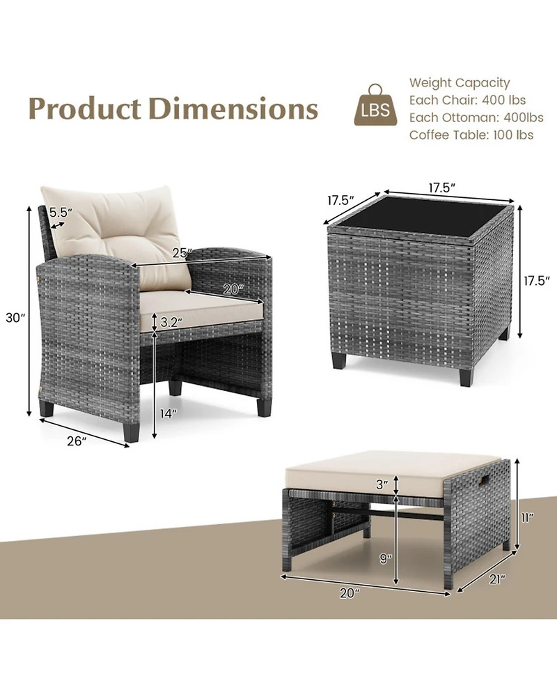 Gouun 5-Piece Wicker Patio Set with Ottomans and Glass-Top Table