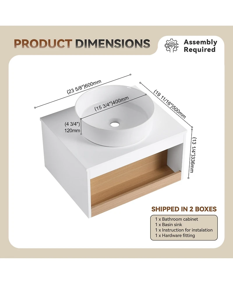 Phying 24 Inch Floating Bathroom Vanity Modern Wall Mounted Vanity with Open Shelf Storage and Durable Countertop Space Saving Bathroom Cabinet