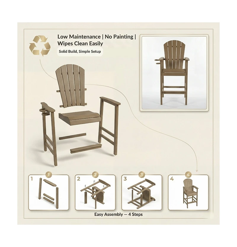 Clihome 1 Piece Patio Bar Chair Hdpe Adirondack with Cup Holder, Outdoor Stool Armrests