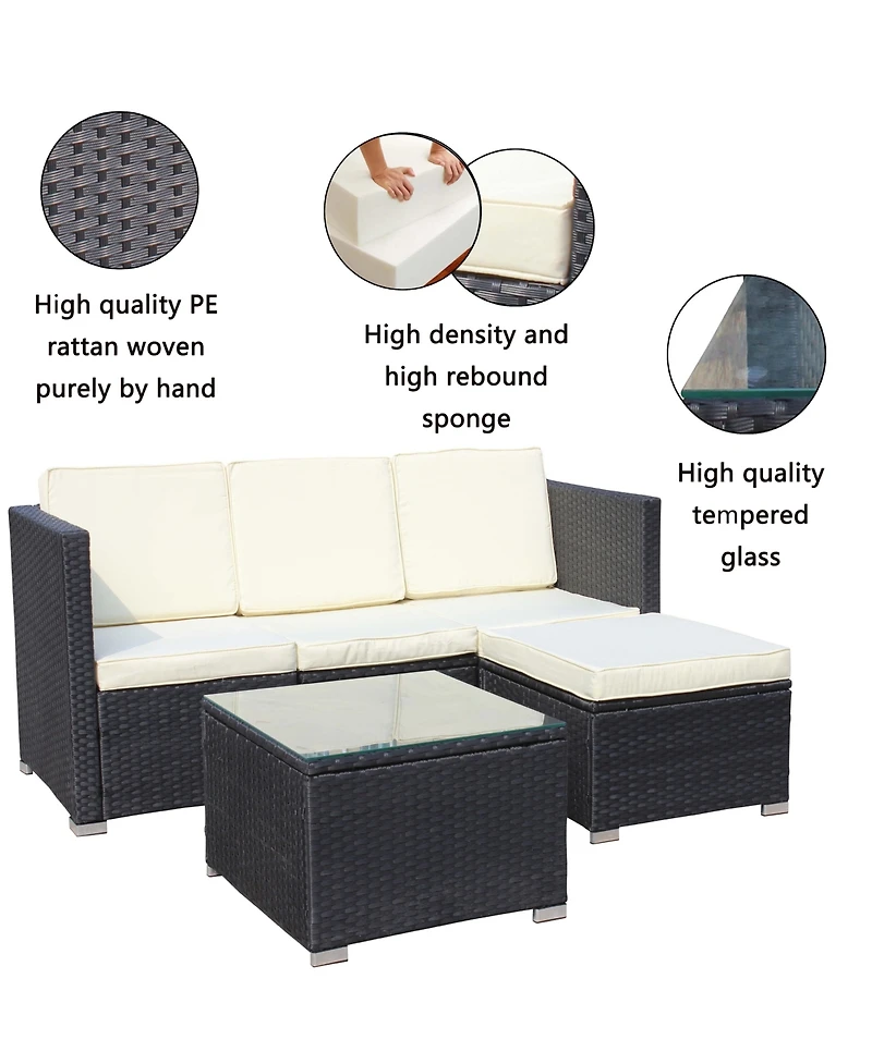 Clihome 5 Piece Pe Rattan Patio Furniture Set, Outdoor Wicker Sectional Sofa with Cushion, Tempered Glass Coffee Table and Ottoman