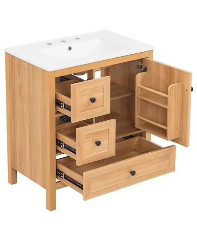 Busdays 30 Inch Wood Grain Bathroom Vanity with Ceramic Sink Solid Wood Legs Adjustable Shelf Full Soft Close Drawers Door Storage Rack