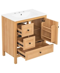 Busdays 30 Inch Wood Grain Bathroom Vanity with Ceramic Sink Solid Wood Legs Adjustable Shelf Full Soft Close Drawers Door Storage Rack