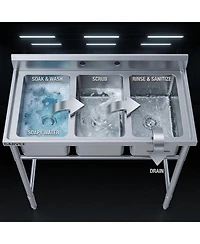 Gaomon Freestanding 3-Bowl Stainless Steel Utility Sink Commercial Triple Compartment Sink with Legs and Backsplash