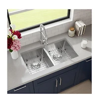 Gaomon Undermount Double Bowl Kitchen Sink 16 Gauge 304 Stainless Steel Flat Bottom 10 In Deep with Grid and Drain Kit