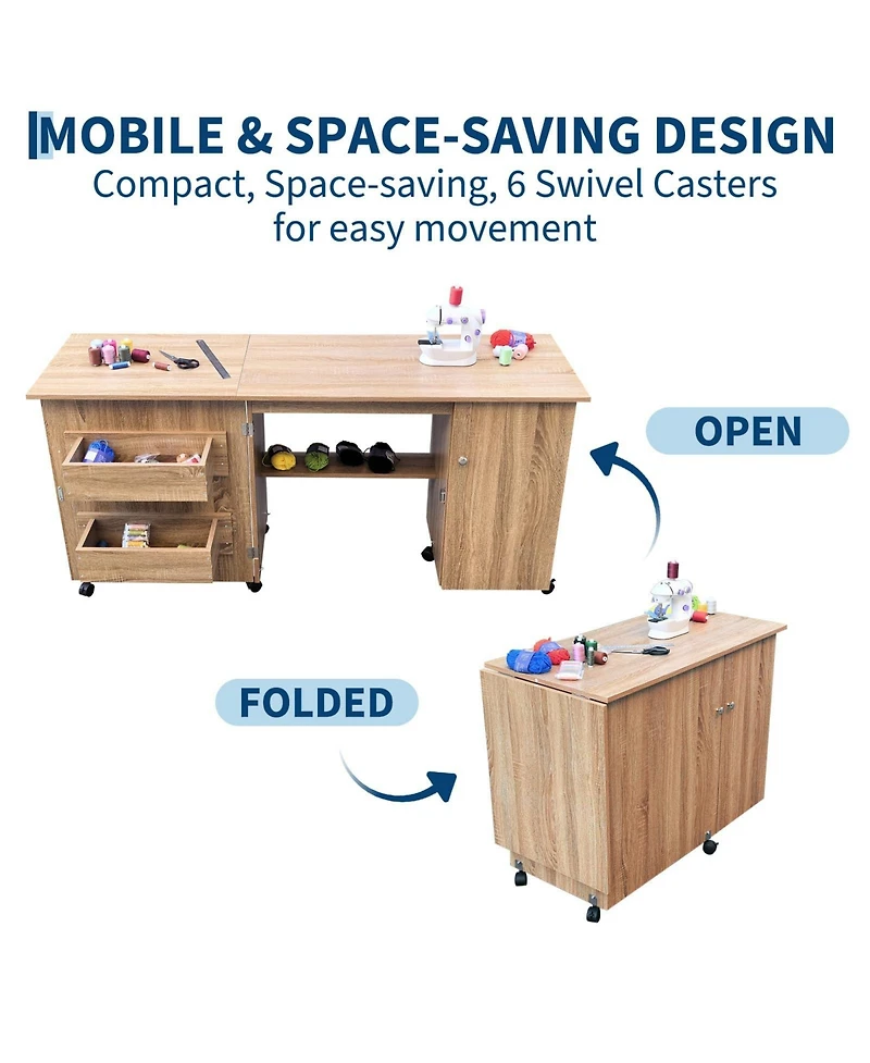 Gaomon Large Folding Sewing Table with Storage Shelves, Rolling Sewing Machine Table, Wooden Craft Station with Lockable Wheels for Small Spaces, Home