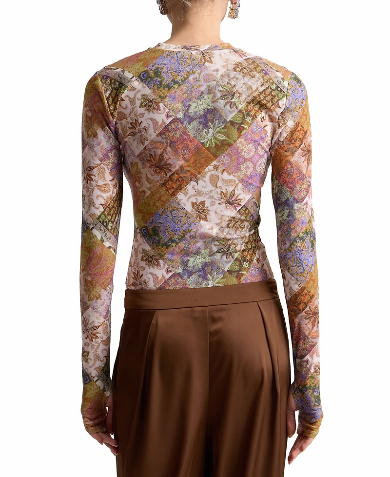Avec Les Filles Women's Printed Long-Sleeve Mesh Top