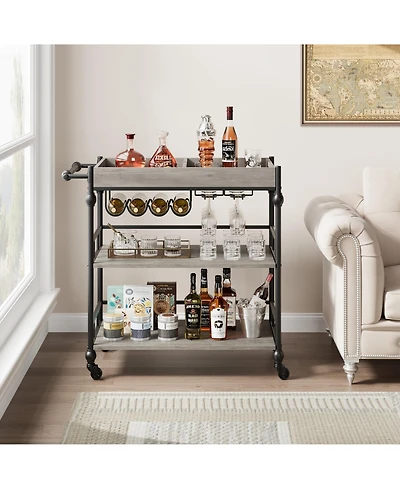 homfan 3-Tier Bar Cart with Wheels, Rolling Beverage Cart with Wine Rack and Removable Tray