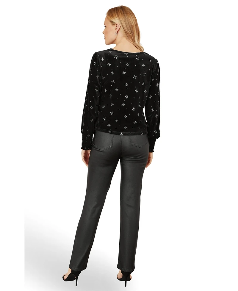 Yumi Women's Sparkle Bow Print Velvet Top