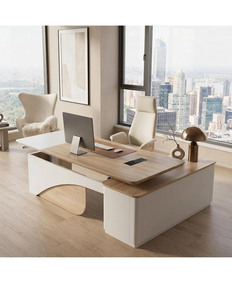 Logicfox 86" Electric Adjustable Height L Shaped Standing Executive Desk with Drawers and Shelves