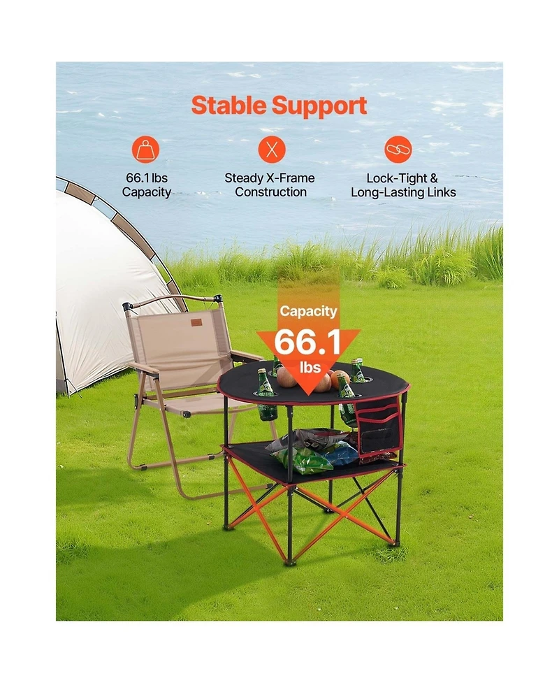Sugift Folding Camping Table Portable Oxford Round Picnic Table 4 Cup Holders