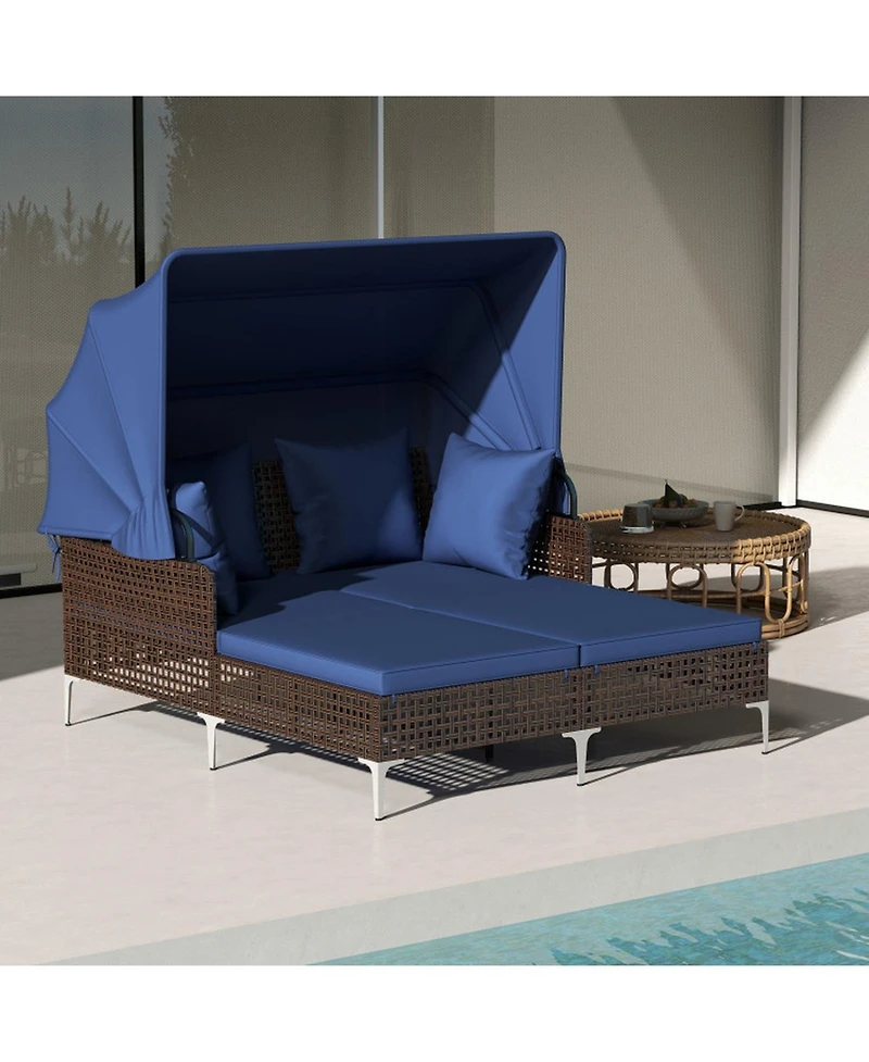 Sugift Outdoor Wicker Daybed with Retractable Canopy and Cushioned Double Seat, 60 in