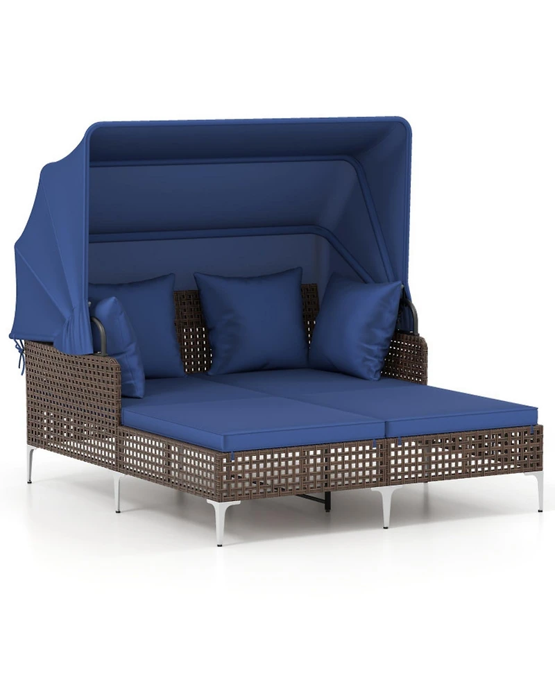 Sugift Outdoor Wicker Daybed with Retractable Canopy and Cushioned Double Seat, 60 in