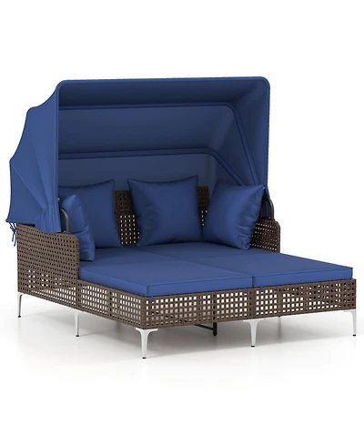 Sugift Outdoor Wicker Daybed with Retractable Canopy and Cushioned Double Seat, 60 in