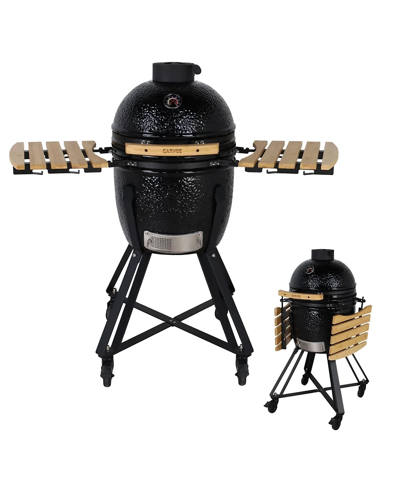 Xo 18-Inch Red Ceramic Charcoal Grill Smoker with Cart and Side Shelves, 250 Sq In 2-Tier Cooking System