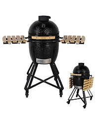 Xo 18-Inch Red Ceramic Charcoal Grill Smoker with Cart and Side Shelves, 250 Sq In 2-Tier Cooking System