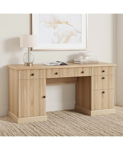 homfan 60" Fluted Modern Executive Desk with Charging Station, File Cabinet and Drawers
