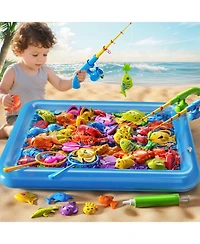 Gnuadz Fishing Game Pool Set with Inflatable Pole Rod Net Floating Fish for Kids Water Play