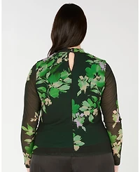 Estelle Women's Fiora Floral Sheer Long Sleeve Mock Neck Mesh Top