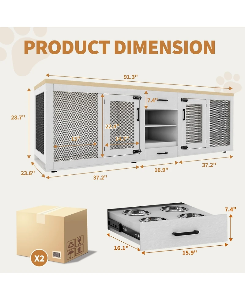 gaomon Double Dog Crate Furniture for Large Dogs,90 Inch Extra Large Heavy Duty Wooden Kennel with Feeding Station, Divider, Storage Shelves