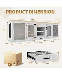 gaomon Double Dog Crate Furniture for Large Dogs,90 Inch Extra Large Heavy Duty Wooden Kennel with Feeding Station, Divider, Storage Shelves