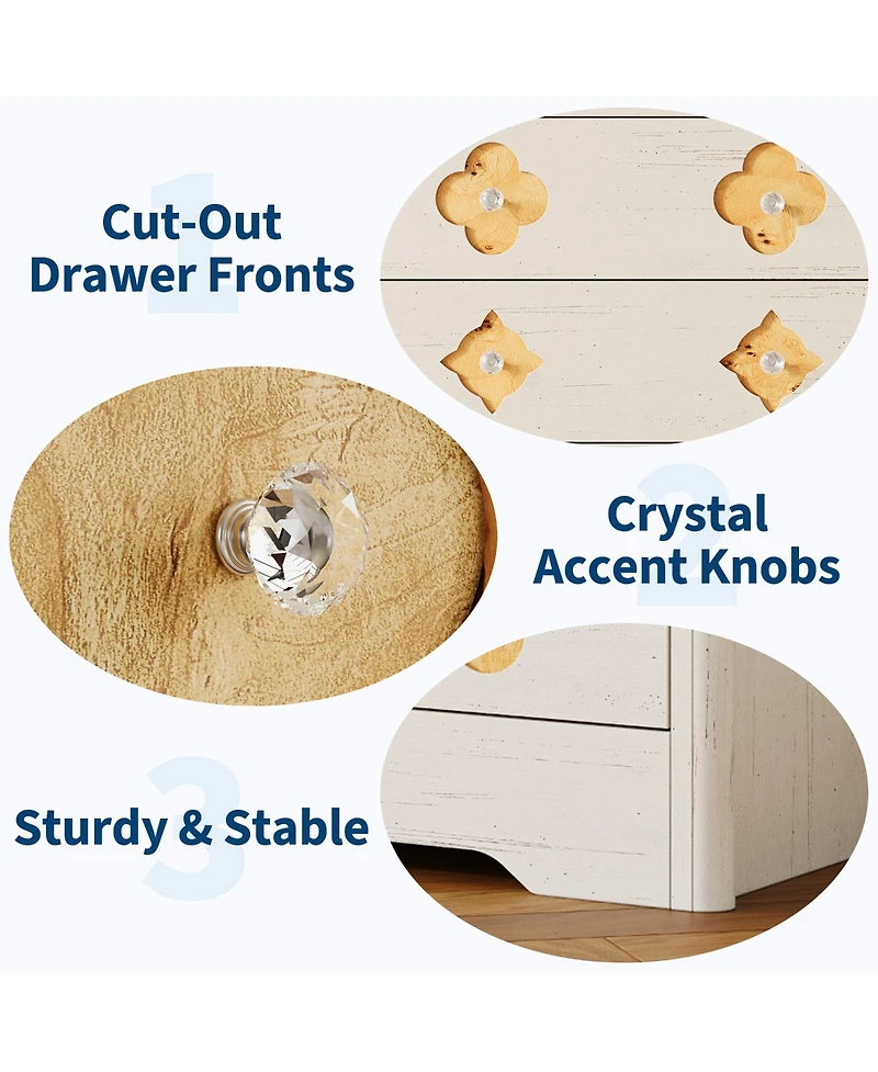 homfan 3-Drawer Vertical Dresser with Floral Cutout and Crystal Knobs