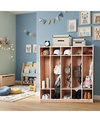homfan 5-Section Wooden Coat Locker and 10 Storage Cubbies, Casters and Storage Boxes, Mobile Cabinet for school or Home