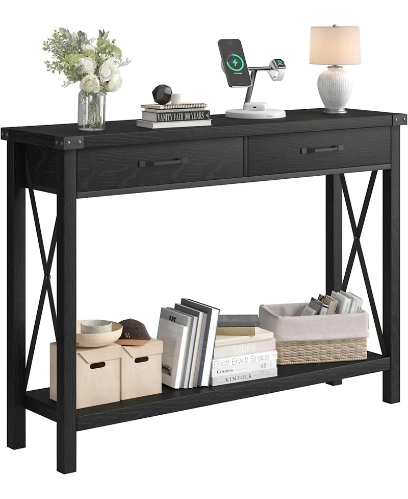 homfan Industrial Console Table, 2-Tier Narrow Sofa Table with Drawers and Open Shelf