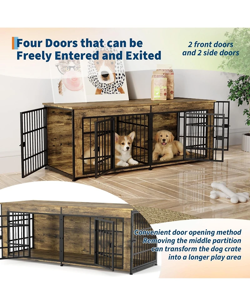 gaomon Double Dog House Furniture - Heavy Duty Wooden Indoor Kennel Tv Stand with Divider Spacious End Table Crate for 2 Medium or Large Dogs