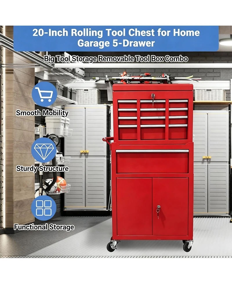 homfan 20 in. 5-Drawer Garage Tool Box with Locking Cabinet for Workshop, Heavy Duty Steel Rolling Tool Chest Organizer