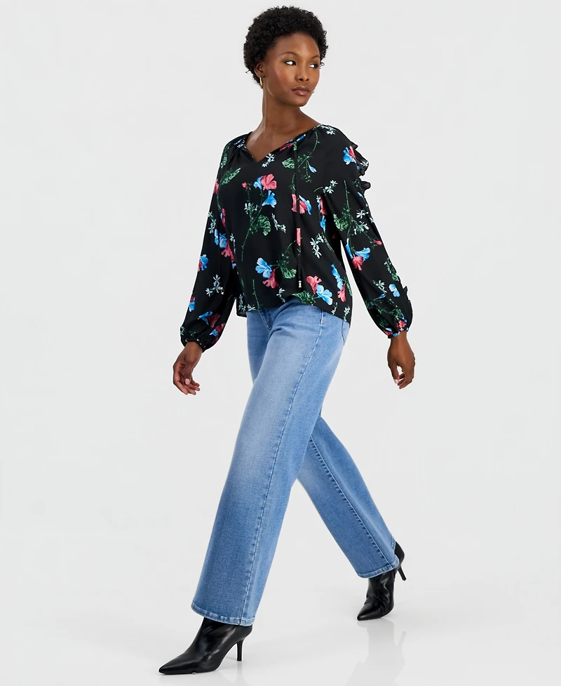 I.n.c. International Concepts Women's Petite Ruffle Floral-Print Long-Sleeve Blouse, Macy's Exclusive