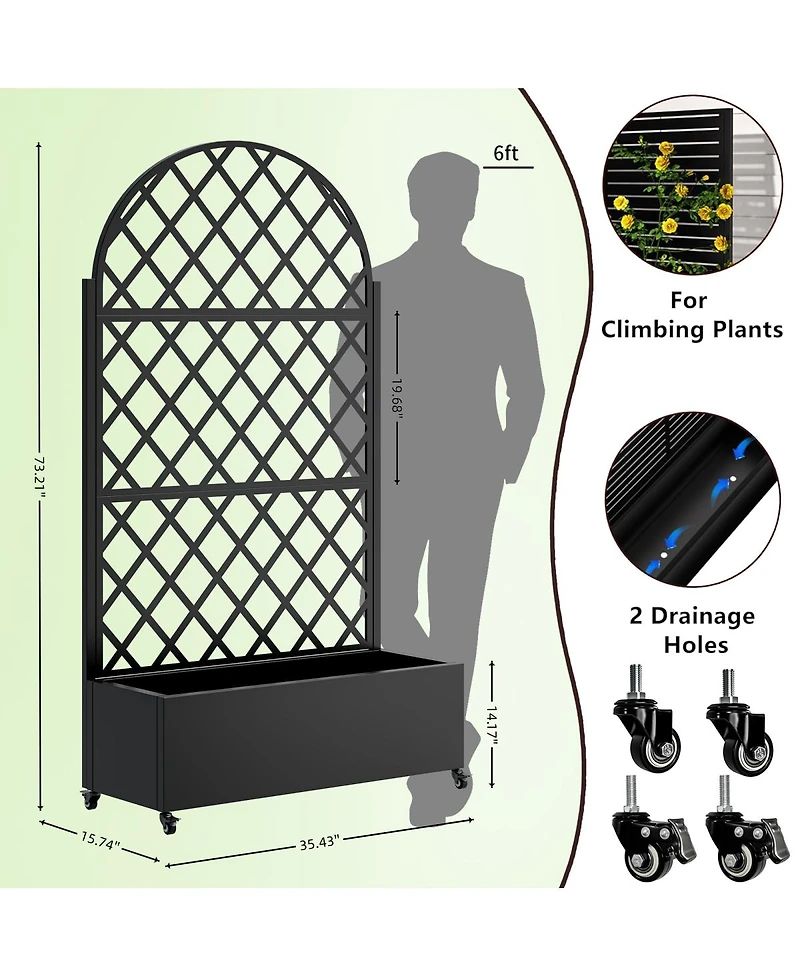 Streamdale Furniture 73" Metal Raised Garden Bed with Trellis, Drainage, and Lockable Wheels