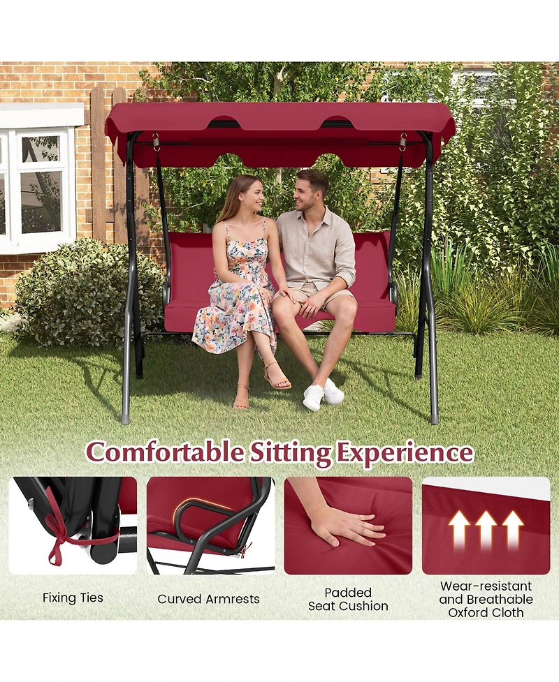 Gymax 3-Person Outdoor Patio Swing Chair Adjustable Canopy and Removable Cushion